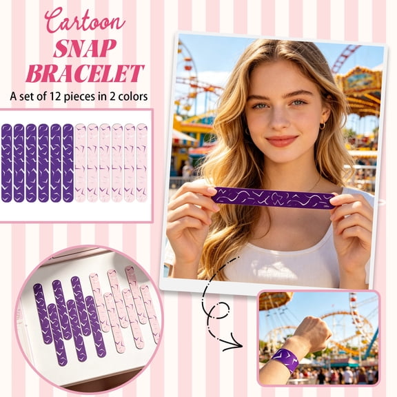 Slap Bracelets for Student, Birthday Party Favors, Party Favors for Student, Purple Party Favors, 12 Pack Lightning Pattern Snap Wristbands 6 Pink 6 Purple 9X1.5X0.2 in for