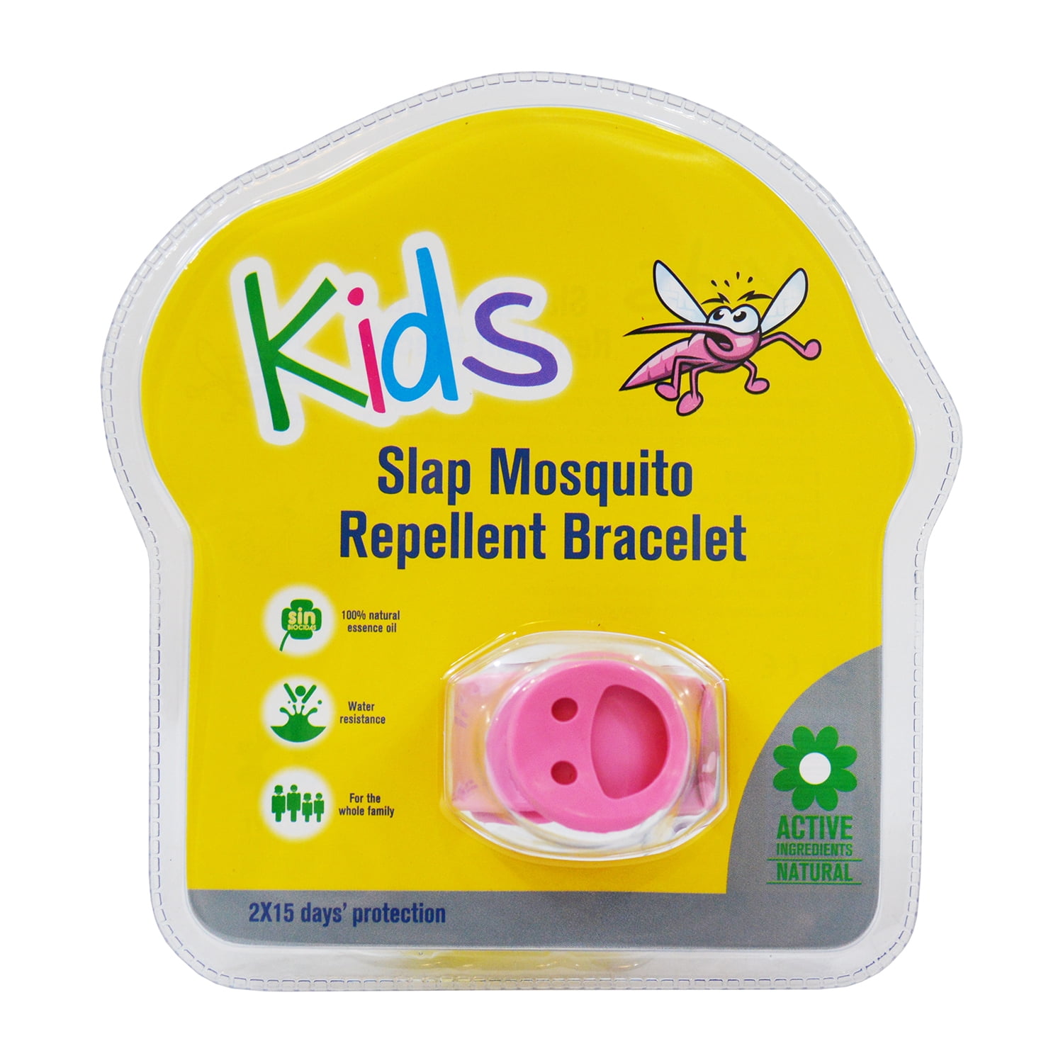 Slap Mosquito Repellent Smiley Bracelet w/ Two 15 Day Refill Pellets - Pink