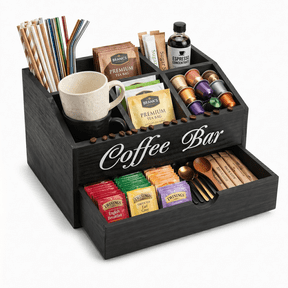 Slaprin Coffee Bar Organizer with Drawer, Wooden Countertop Station for Pods, Cups & Tea Bags, Farmhouse 5-Compartment Ramp Design