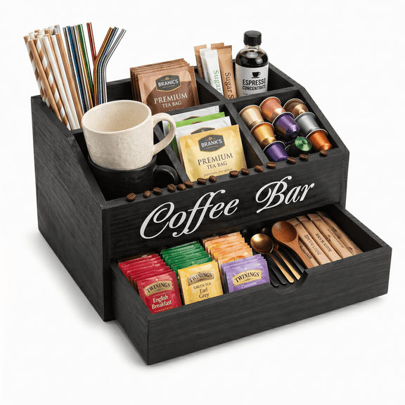 Slaprin Coffee Bar Organizer with Drawer, Wooden Countertop Station for Pods, Cups & Tea Bags, Farmhouse 5-Compartment Ramp Design