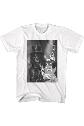 Slash Guns N Roses B and W Slash With Guitar White Adult T-Shirt