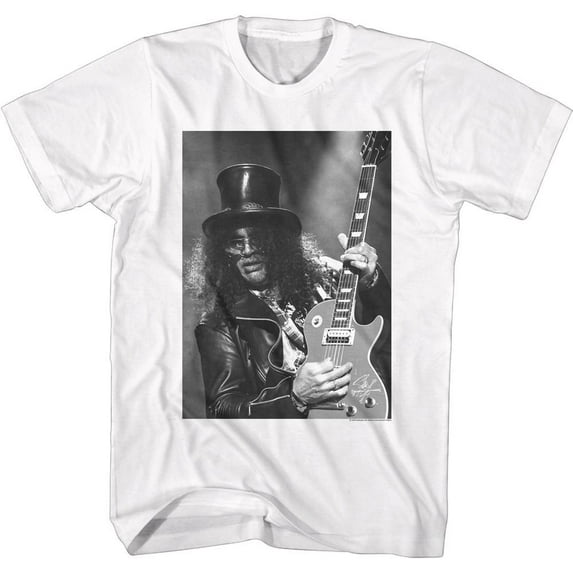 Slash Guns N Roses B and W Slash With Guitar White Adult T-Shirt