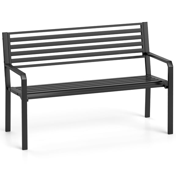 Slat Black Outdoor Park Bench With Steel Frame And Horizontal Slats For Patio Yard Balcony