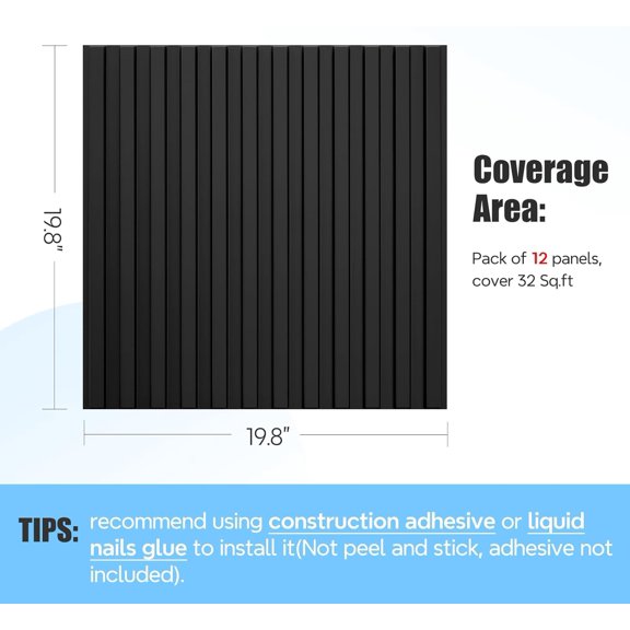 Slat Wall Panel, 3D Wall Panels for Interior Wall Decor PVC Fluted Textured Panel 12-Tile 19.7 x 19.7in - Black