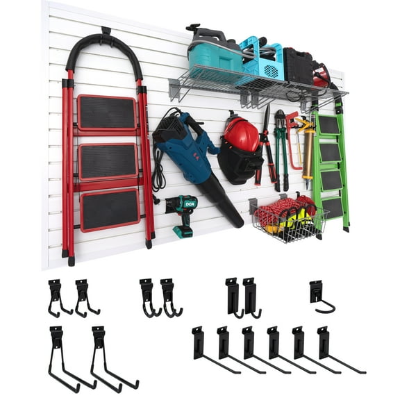 Slat Wall Panels Paneling Garage Storage PVC Wall Panels with 15Pcs Hooks, Slatwall Board Panel System Garage Home Organizer Wall Mounted 8ft x 4ft (32 sqft), Heavy Duty Pegboard for Tool Organization