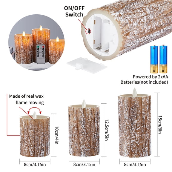 Slatcetga 3Pcs LED Candles Pine Tree Dimmable Remote Control Warm Light Eco Friendly Romantic Timing Function Flameless Candle