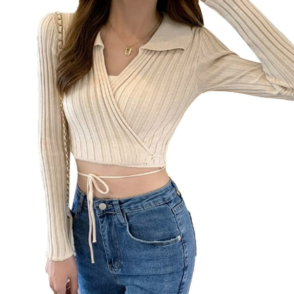 Slatcetga Long Sleeve Turn Down Collar Rib Knit Top Shirt Women Short Wrap V Neck Tie Front Knit Open Front Outwear Apricot Free Size for 82.7-132.3lb