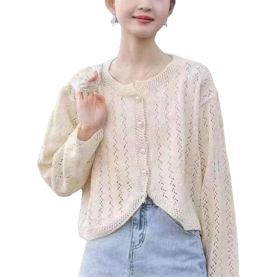 Slatcetga Open Front Short Sweater Hollow Out Button Down Pure Color Thin Women Knitted Sweater Outwear for Spring Early Autumn Apricot Free Size