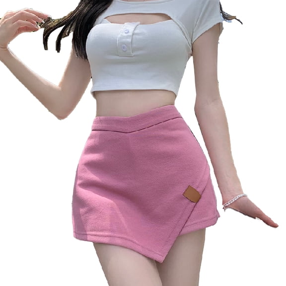 Slatcetga Skirt High V Waist A Line Irregular Hem Plain Stylish Spicy Miniskirt for Street Daily Pink M
