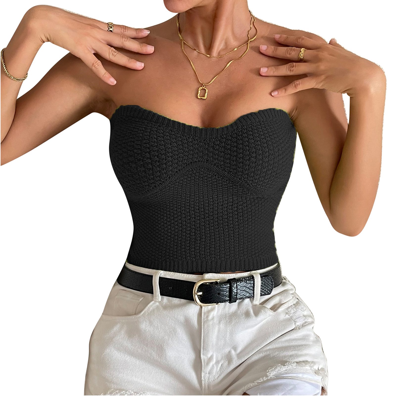 Slatcetga Tube Top Strapless Plain Color Navel Exposed Slim Fitted