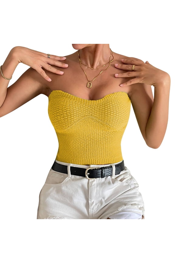 Tube Top Strapless Plain Color Navel Exposed Slim Fitted Knitted Tube Top for Women Female Yellow S
