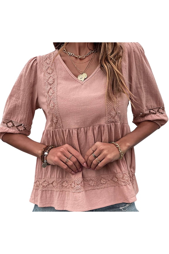 V Neckline Lace Stitching Blouse Casual Fitted Contrast Lace Blouse Shirt for Female Women Summer Pink S