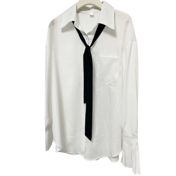 Slatcetga Women Button Up Shirt White Pleated Trumpet Sleeve Loose Breathable Women's Office Shirt with Tie for Party Office White M