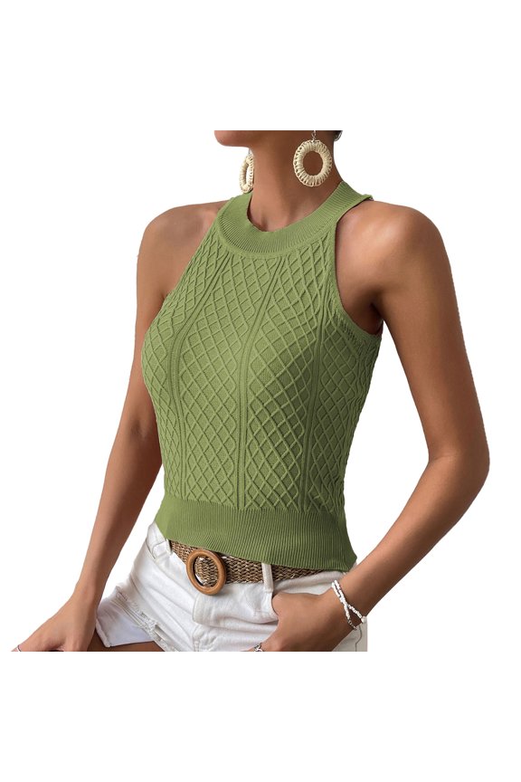 Women Halter Tank Top for Summer Cable Knit Casual Slim Fit Pure Color Sleeveless Shirt Green L