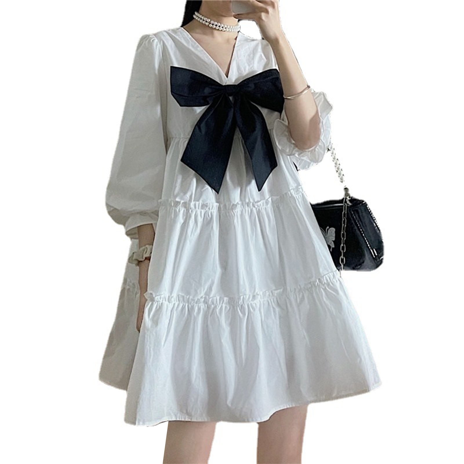 FZCSPEED Printed V-neck Puff Sleeve Mini Dress Floral Print High-waisted Bow Embellished Dress