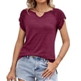 thumbnail image 1 of Slatcetga Women Short Sleeve Shirt V Neck Pure Color Fashionable Ruched Sleeve Shirt Top for Daily Work Party Wine Red L, 1 of 8