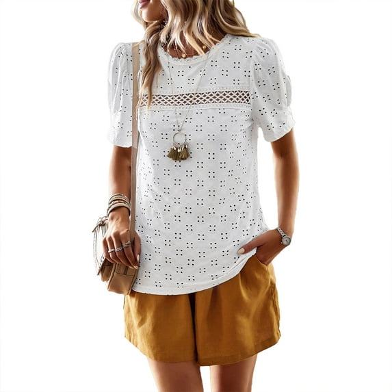 Slatcetga Women T Shirt Lace Trim Round Neck Short Puff Sleeve Pure Color Casual Lady Pullover Top for Spring Summer White M