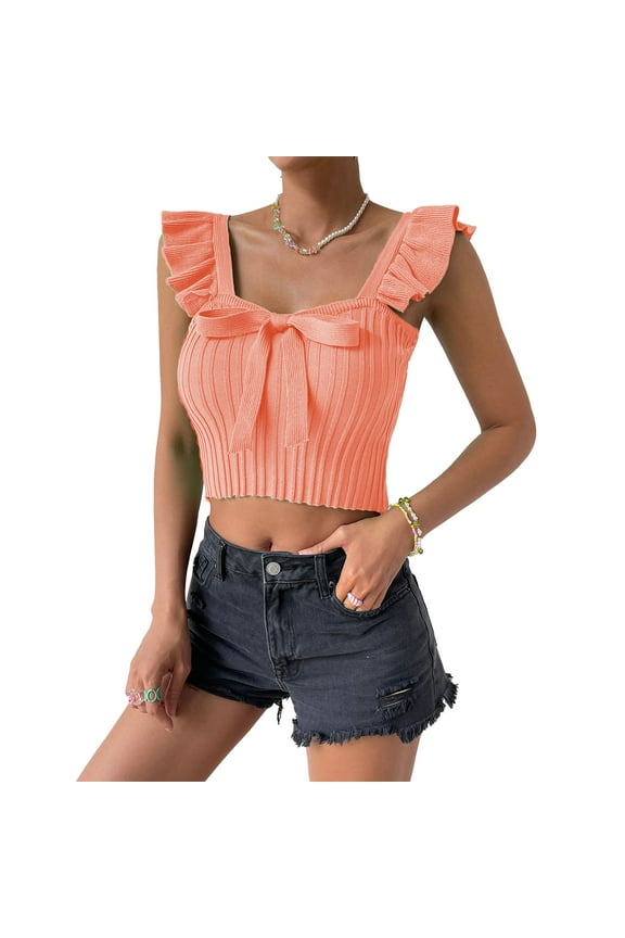 Women Top Bow Knot Front Neck Sleeveless Top Ruffle Rib Knit Slim Blouse Pure Color Blouse Dusty Pink L