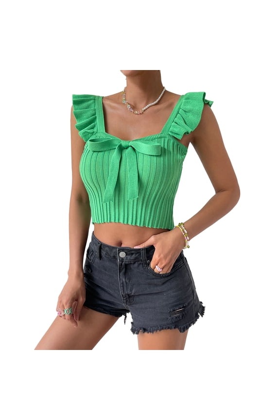 Women Top Bow Knot Front Neck Sleeveless Top Ruffle Rib Knit Slim Blouse Pure Color Blouse Green S