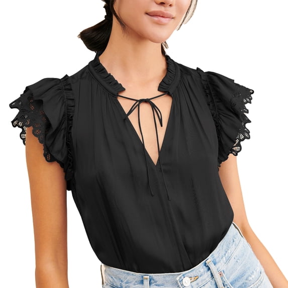 Slatcetga Women's V Neck Tops Ruffle Lace Fashionable Pure Color Satin Casual Tops for Party Shopping Travel Outdoor Travel Black M