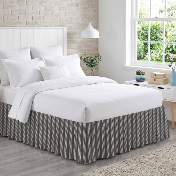 Slate Black Bed Skirt California King Size 16 Inch Drop, Khaki Striped Tribal Texture Modern Rustic Farmhouse Adjustable Elastic Dust Ruffles Bedskirt Wrap Around Pleated Mattress Frame Cover
