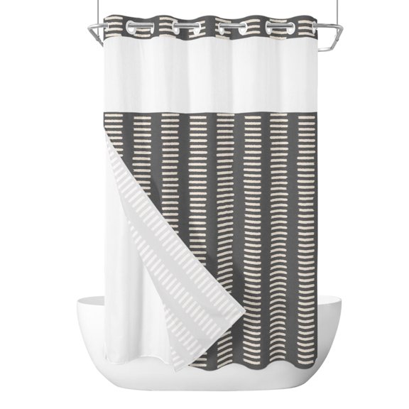 Slate Black No Hook Shower Curtain with Snap in Liner, Khaki Striped Tribal Texture Modern Rustic Farmhouse Shower Curtains for Bathroom, Washable Shower Curtain Liner Set with Mesh Window, 36"x72"
