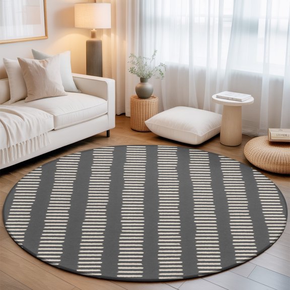 Slate Black Small Round Rug 3Ft Khaki Striped Tribal Texture Modern Rustic Farmhouse Area Rugs Washable Non Slip Indoor Floor Mats Circle Carpet for Living Room Bedroom Dining Room Home Decor