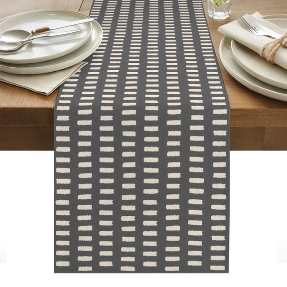 Slate Black Table Runner, Khaki Striped Tribal Texture Modern Rustic Farmhouse Washable Kitchen Table Runners Dress Scarves for Dining Table Decorations Party/Restaurant/Indoor Outdoor Use, 13x70in