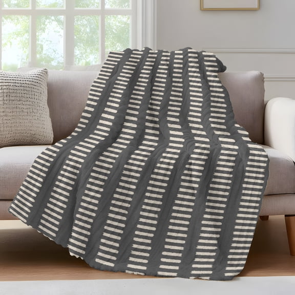Slate Black Throw Blanket for Couch Khaki Striped Tribal Texture Modern Rustic Farmhouse Soft and Warm Flannel 3D Striped Fluffy Fuzzy Fleece Blanket Lightweight Throw for Bed, Sofa 60 x 80 Inches
