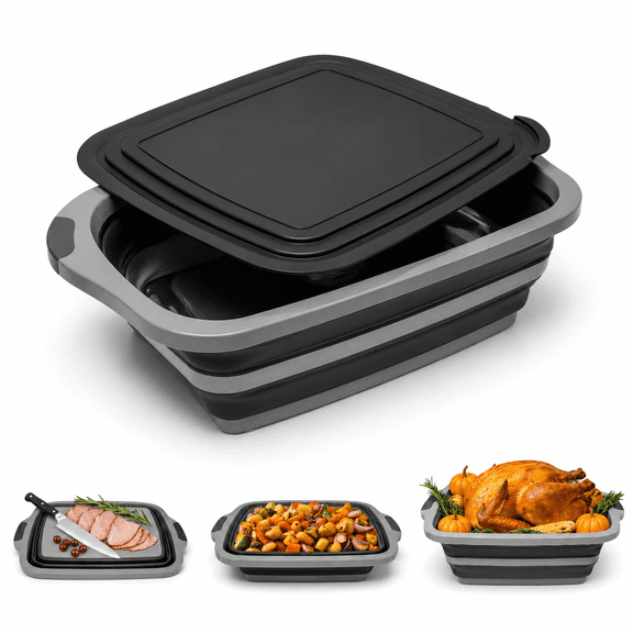 Slate Black X-Large 16L Collapsible Food Storage Marinating Tub with Colander and Drain Plug