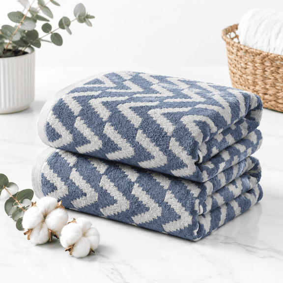 Slate Blue 01 Bath Towel Set of 2 Reversible Geometric Chevron Pattern