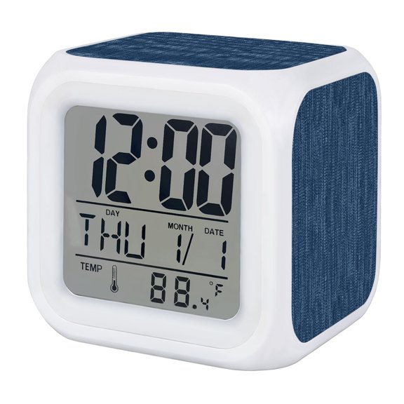 Slate Blue Alarm Clock, Country Vintage Minimalist Solid Color Backdrop Digital Clock Night Light with 7 Color, Calendar Temperature Display, LED Desk Small Clock for Bedrooms Bedside Living Room