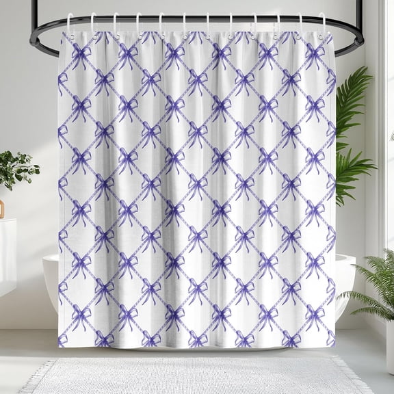 Slate Blue Bow Shower Curtain,Grandmillenial Chinoiserie Chic Preppy Bathroom for Girls, Preppy Shower Curtain Bathroom Decor with Hooks, for Teens Girls, 72" W x 72" L