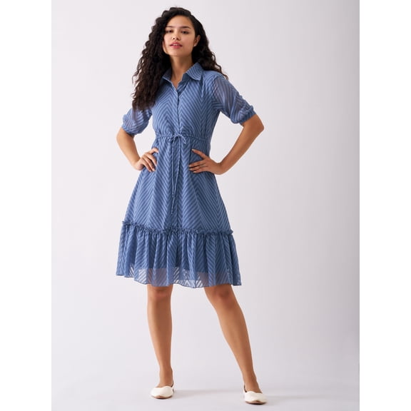 Slate Blue Chiffon Brasso Swiss Dot Point Collar Dress