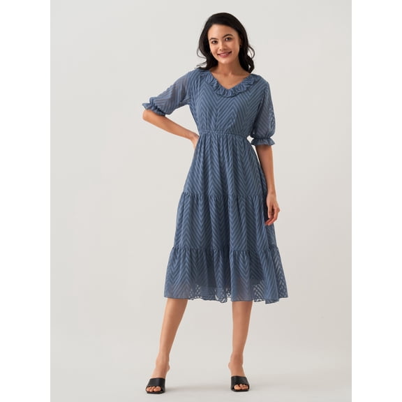 Slate Blue Chiffon Brasso Swiss Dot V-Neck Dress