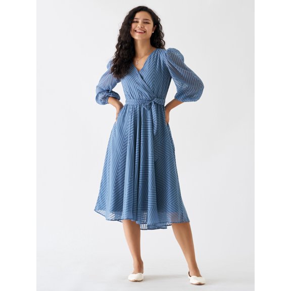 Slate Blue Chiffon Brasso Swiss Dot V-Neck Dress