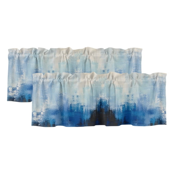 Slate Blue Ink 2 Panels Kitchen Valance, Abstract Minimalist Indigo Brushwork Canvas Grain Curtains Valances for Small Windows Rod Pocket Window Treatments for Living Room Bedroom 42" W x 12" L