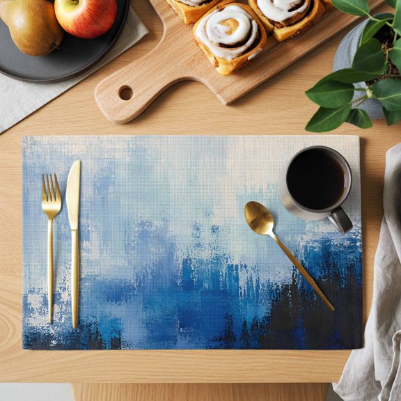 Slate Blue Ink Placemats Set of 12, Abstract Minimalist Indigo Brushwork Canvas Grain Non-Slip Place Mats Washable Table Mats for Kitchen Dining Table Decorations Indoor/Outdoor