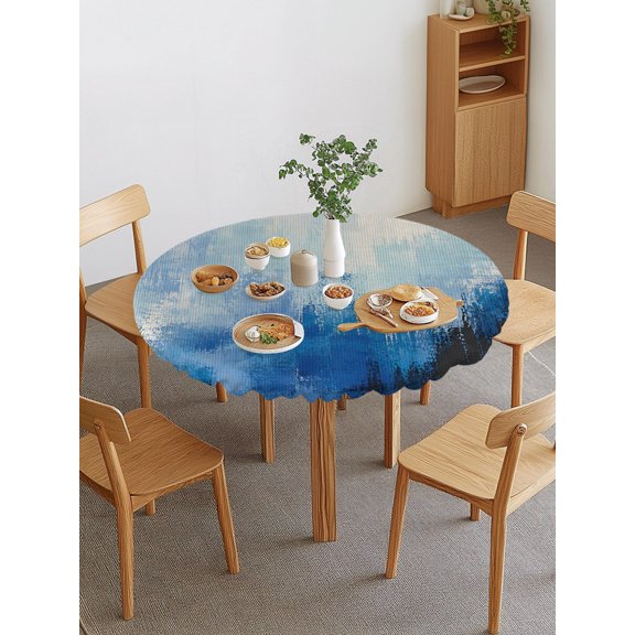 Slate Blue Ink Round Fitted Tablecloth with Elastic Edge, Abstract Minimalist Indigo Brushwork Canvas Grain Waterproof Stretch Table Covers for 45"-54" Tables Wipeable Table Cloth for Outdoor