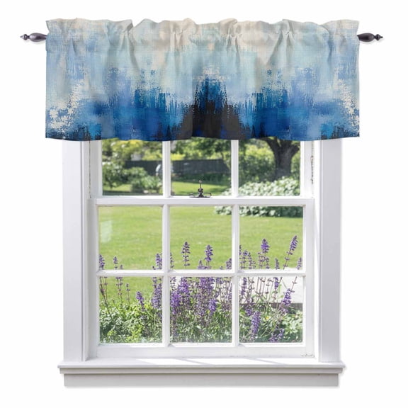 Slate Blue Ink Valance Curtain 1 Panel, Abstract Minimalist Indigo Brushwork Canvas Grain Kitchen Valance with Rod Pocket Window Treatment Short Curtains for Bathroom Bedroom, 42 x 12 Inches