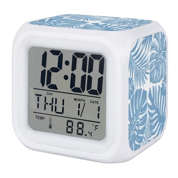 Slate Blue Monstera Digital Alarm Clock for Bedrooms,Smart LED Alarm Clock with 7 Color Changing Night Light,Palm Tree Leaf Boho Botanical Tropical Silent Wake Up Clocks for Sleep Study 3.2"x3.2"