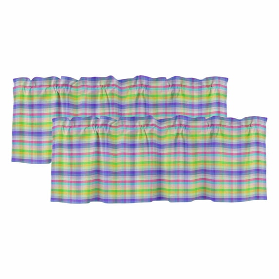 Slate Blue Plaid Curtain Valances for Windows, Kitchen Valance Window Treatments Panel 2 Pack, Colorful Vintage Check Farmhouse Rod Pocket Short Curtains for Bathroom Bedroom 42 x 12 Inch