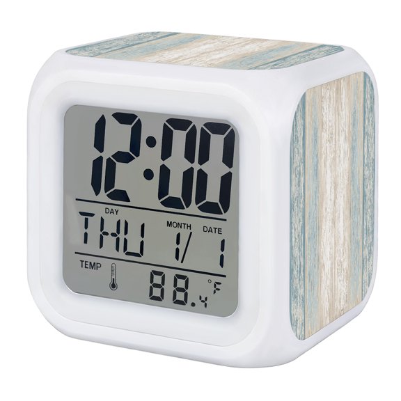 Slate Blue Planks Alarm Clock, Farmhouse Vertical Wood Grain Digital Clock Night Light with 7 Color, Calendar Temperature Display, LED Desk Small Clock for Bedrooms Bedside Living Room