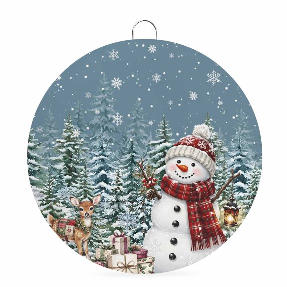 Slate Blue Snowman Christmas Round Welcome Sign, Xmas Tree Snowflake Elk Metal Wall Art Hanging Decoration, Circlar Iron Sign Wall Decor for Front Door Home Porch Office Gifts, 6x6 In