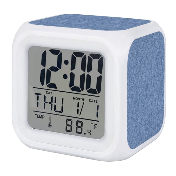 Slate Blue Solid Alarm Clock, Minimalist Cloth Denim Blue Linen Texture Nautical Digital Clock Night Light with 7 Color, Calendar Temperature Display, LED Desk Small Clock for Bedrooms Living Room