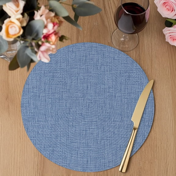 Slate Blue Solid Round Braided Placemats Set of 2, Minimalist Cloth Denim Blue Linen Texture Nautical Heat Insulation Place Mats Washable Non-Slip Table Mats for Kitchen Dining Party, 13 Inches