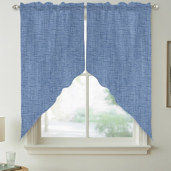 Slate Blue Solid Swag Kitchen Curtain Valances, Minimalist Cloth Denim Blue Linen Texture Nautical Rod Pocket Curtains Window Treatment Decor Valances for Bedroom Bathroom, 2 Panels 36 x 63 Inch