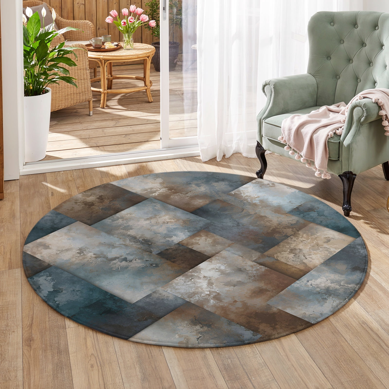 Slate Blue Squares Area Rug 3.3', Non-Slip Washable Round Indoor rug ...