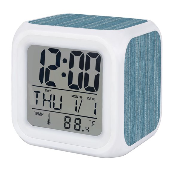 Slate Blue Striped Alarm Clock, Coastal Grandma Farmhouse Rustic Linen Texture Digital Clock Night Light with 7 Color, Calendar Temperature Display, LED Desk Small Clock for Bedrooms Living Room