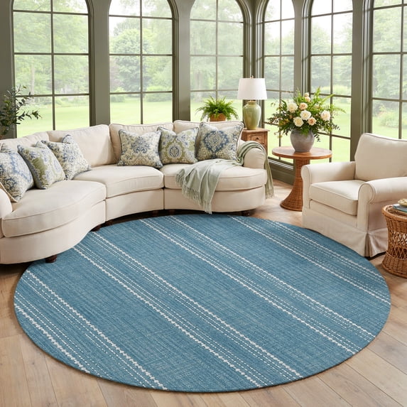 Slate Blue Striped Round Area Rug Living Room 8ft, Coastal Grandma ...